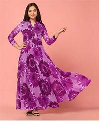 Fashion Dream Full Sleeves Floral Printed Maxi Dress - Purple
